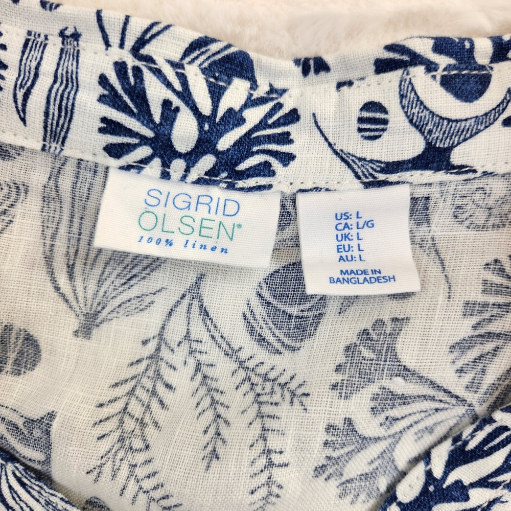 Sigrid Olsen Womens Top Blue White Coral Sea Life Print 100% Linen Button Down L - Picture 6 of 9